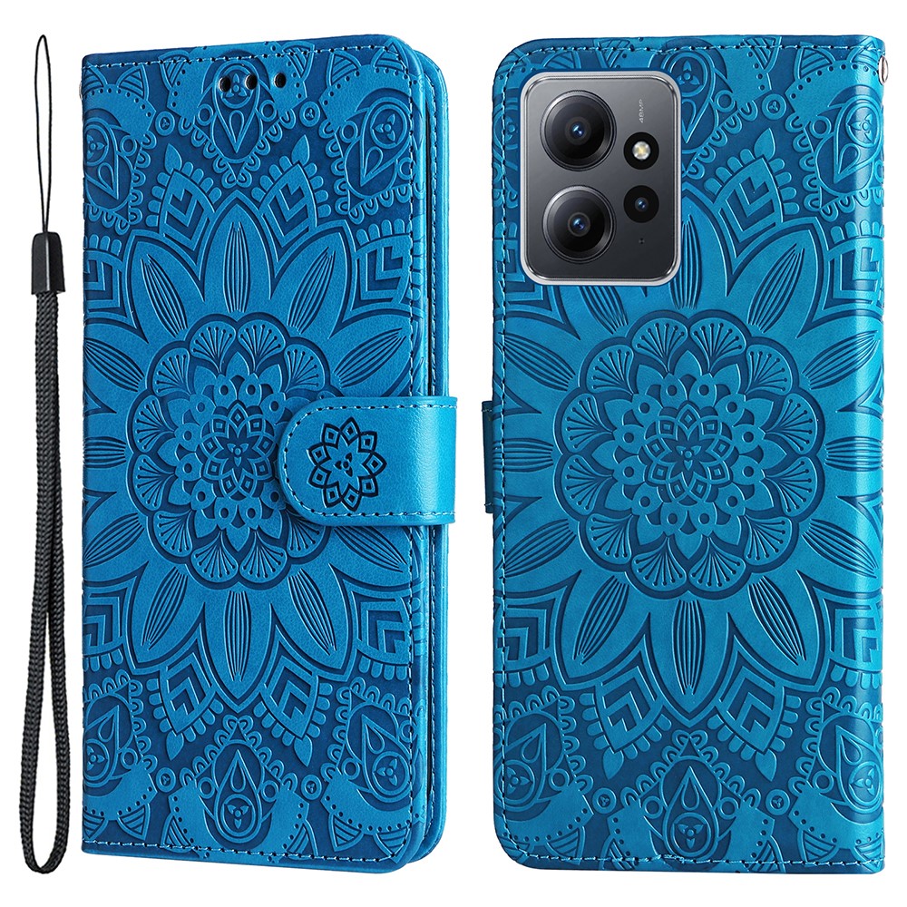 For Xiaomi Redmi Note 12 4G Phone Wallet Case PU Leather Sunflower Imprinted Stand Cover with Strap