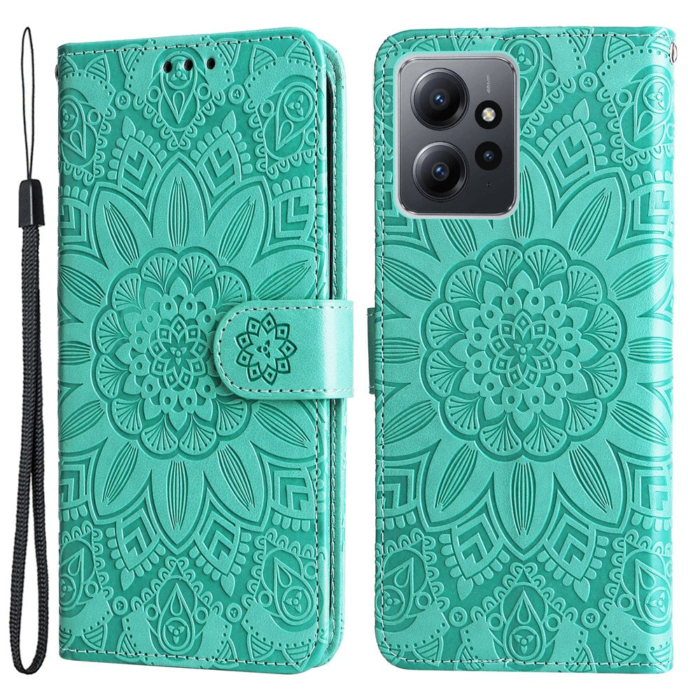 For Xiaomi Redmi Note 12 4G Phone Wallet Case PU Leather Sunflower Imprinted Stand Cover with Strap