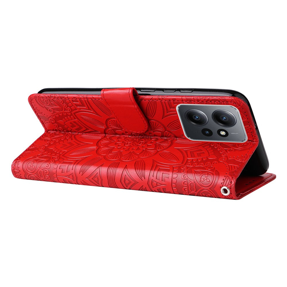 For Xiaomi Redmi Note 12 4G Phone Wallet Case PU Leather Sunflower Imprinted Stand Cover with Strap