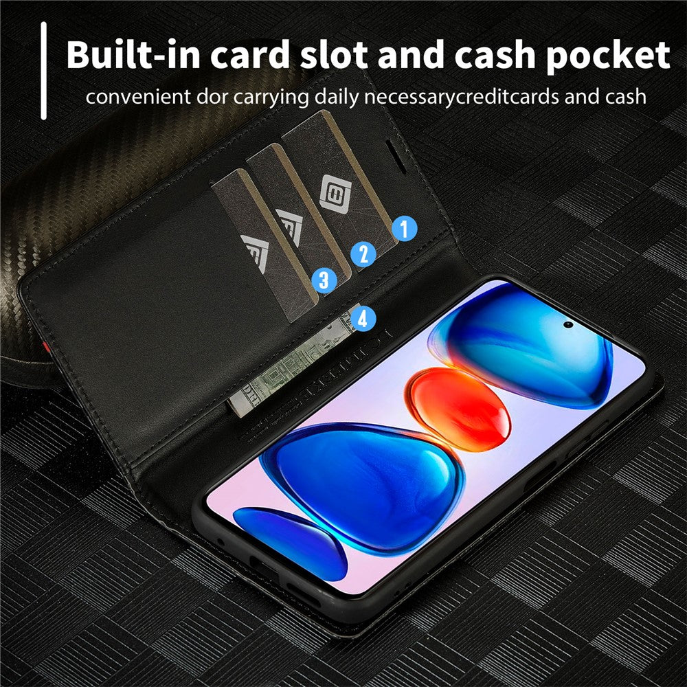 LC.IMEEKE For Xiaomi Redmi Note 12 Pro 4G / Note 11 Pro 4G (Mediatek) / 5G (Qualcomm) Carbon Fiber Texture Stand Cover PU Leather Wallet Phone Case