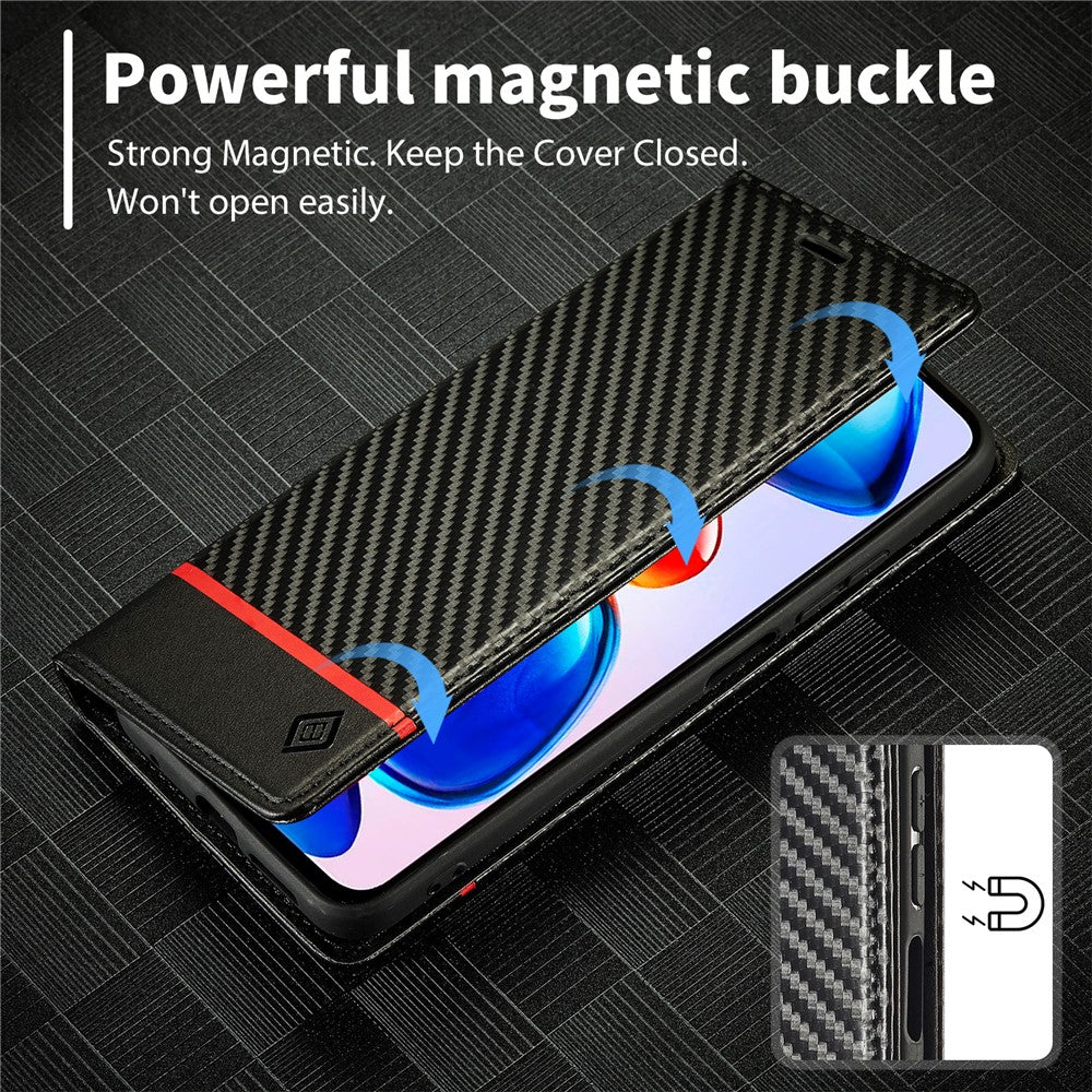 LC.IMEEKE For Xiaomi Redmi Note 12 Pro 4G / Note 11 Pro 4G (Mediatek) / 5G (Qualcomm) Carbon Fiber Texture Stand Cover PU Leather Wallet Phone Case