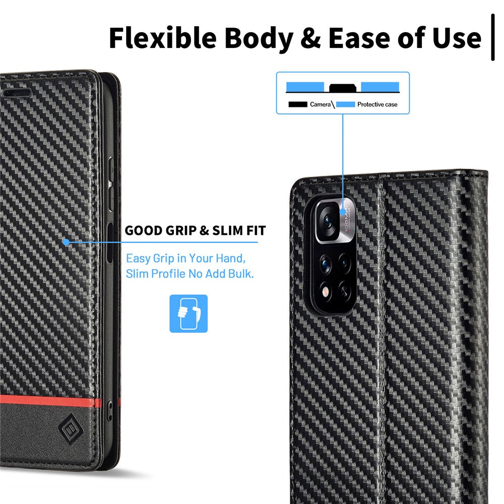 LC.IMEEKE For Xiaomi Redmi Note 12 Pro 4G / Note 11 Pro 4G (Mediatek) / 5G (Qualcomm) Carbon Fiber Texture Stand Cover PU Leather Wallet Phone Case