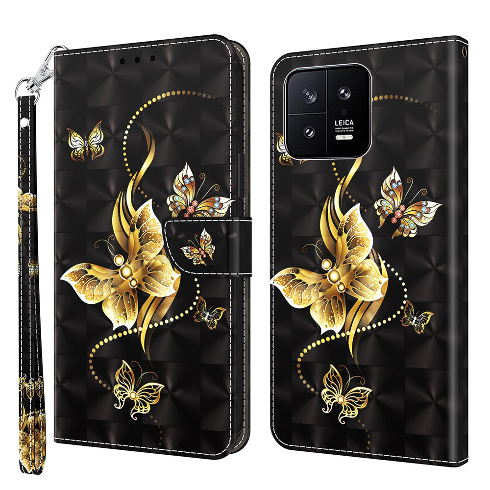 For Xiaomi 13 5G PU Leather Wallet Phone Case 3D Pattern Printing Phone Cover with Strap
