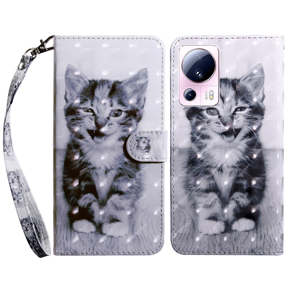 PU Leather Flip Cover for Xiaomi 13 Lite / Civi 2 Wallet Phone Case 3D Pattern Printing Phone Shell with Strap
