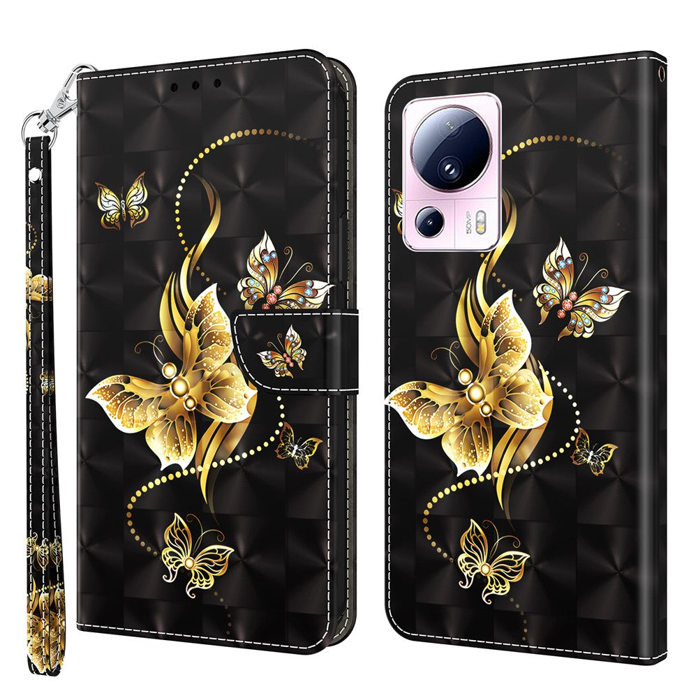 PU Leather Flip Cover for Xiaomi 13 Lite / Civi 2 Wallet Phone Case 3D Pattern Printing Phone Shell with Strap