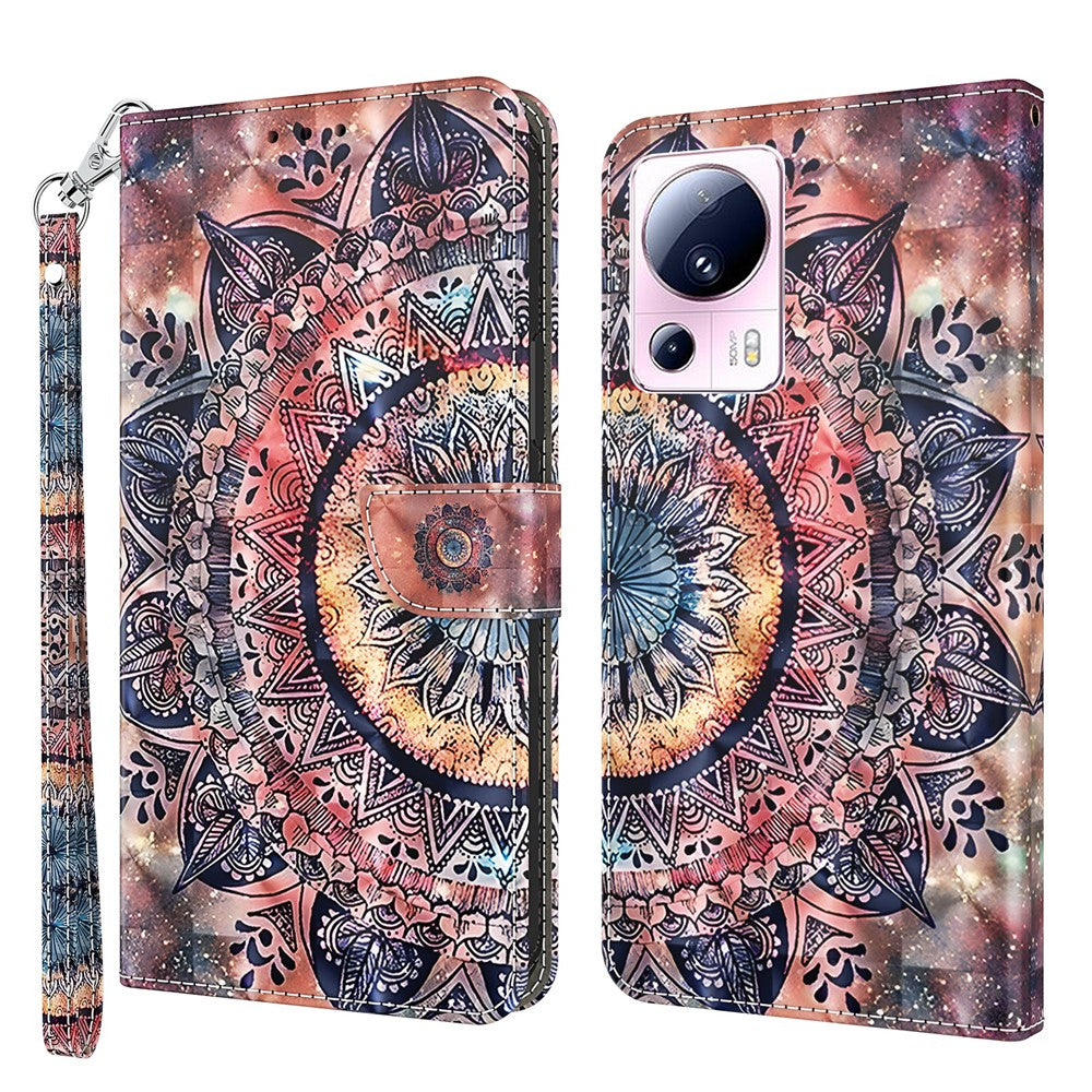 PU Leather Flip Cover for Xiaomi 13 Lite / Civi 2 Wallet Phone Case 3D Pattern Printing Phone Shell with Strap