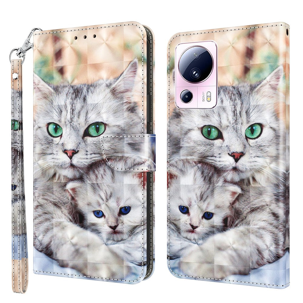 PU Leather Flip Cover for Xiaomi 13 Lite / Civi 2 Wallet Phone Case 3D Pattern Printing Phone Shell with Strap