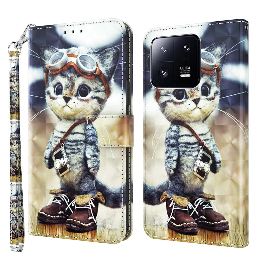 3D Pattern Printing Phone Case for Xiaomi 13 Pro 5G PU Leather Wallet Cover Anti-Drop Phone Shell with Strap