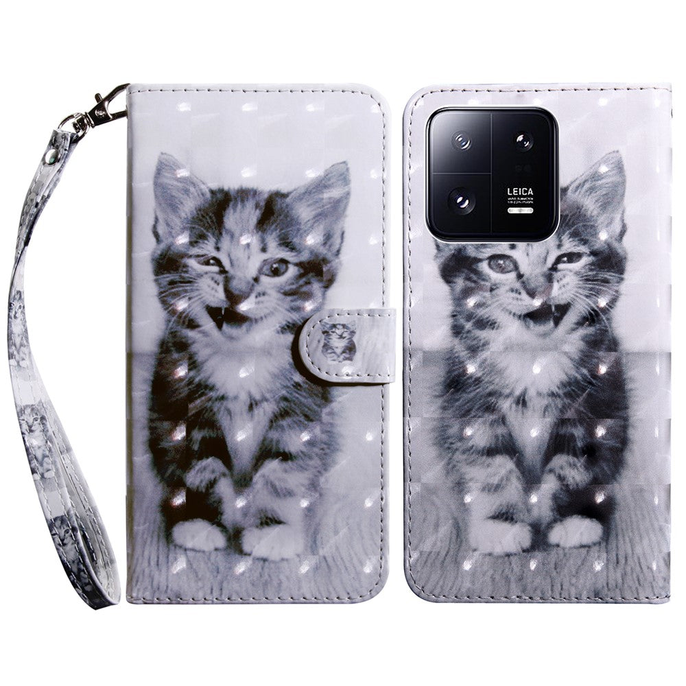 3D Pattern Printing Phone Case for Xiaomi 13 Pro 5G PU Leather Wallet Cover Anti-Drop Phone Shell with Strap