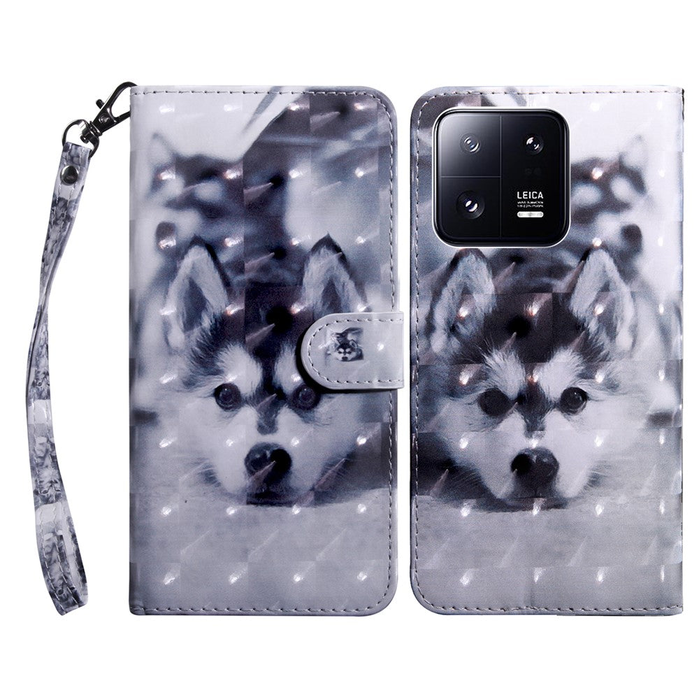 3D Pattern Printing Phone Case for Xiaomi 13 Pro 5G PU Leather Wallet Cover Anti-Drop Phone Shell with Strap