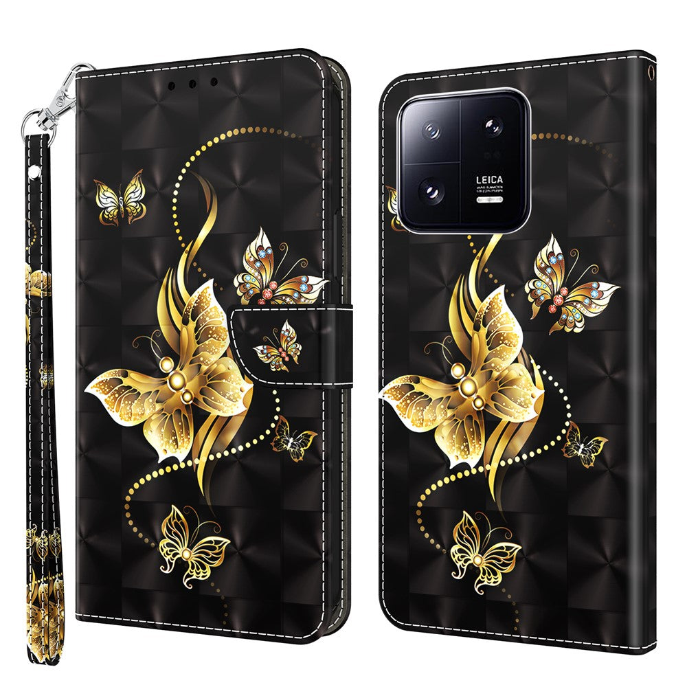 3D Pattern Printing Phone Case for Xiaomi 13 Pro 5G PU Leather Wallet Cover Anti-Drop Phone Shell with Strap