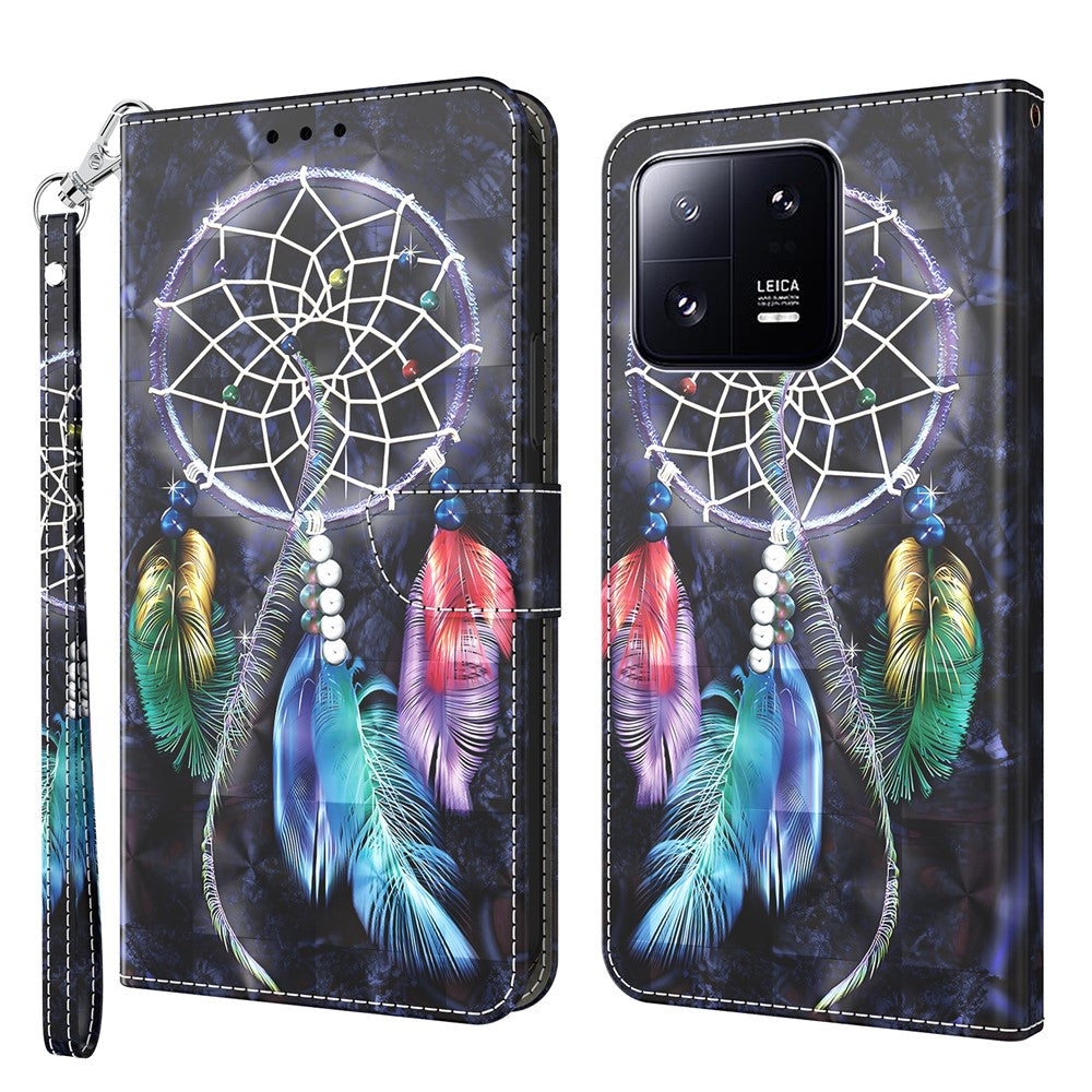 3D Pattern Printing Phone Case for Xiaomi 13 Pro 5G PU Leather Wallet Cover Anti-Drop Phone Shell with Strap