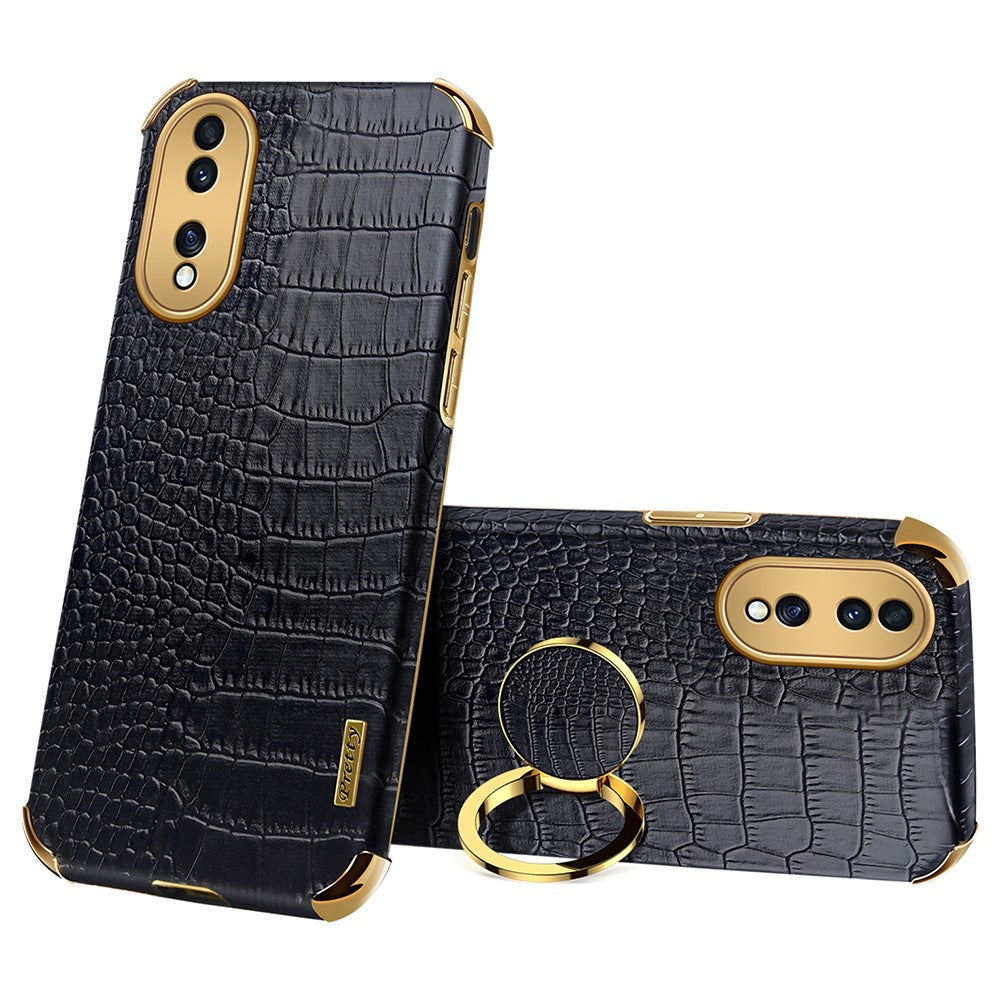 For Honor 70 5G Leather Coated TPU Anti-drop Case Crocodile Texture 6D Electroplated Cover with Ring Kickstand