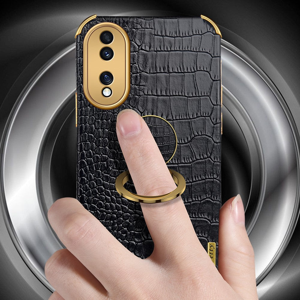 For Honor 70 5G Leather Coated TPU Anti-drop Case Crocodile Texture 6D Electroplated Cover with Ring Kickstand