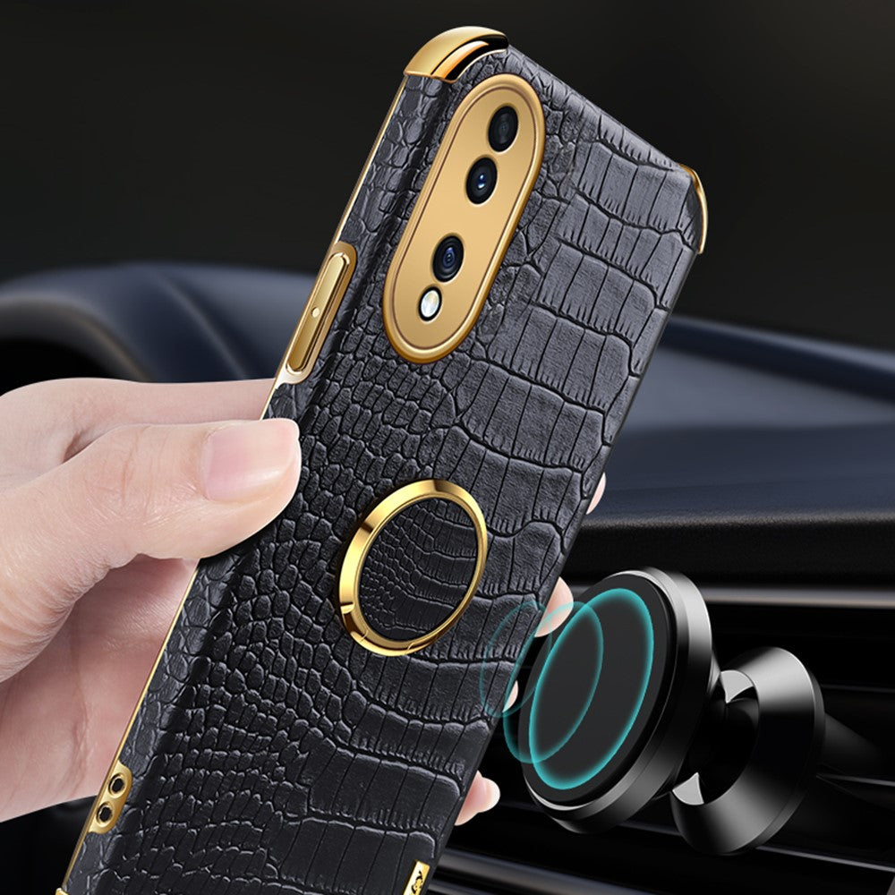 For Honor 70 5G Leather Coated TPU Anti-drop Case Crocodile Texture 6D Electroplated Cover with Ring Kickstand