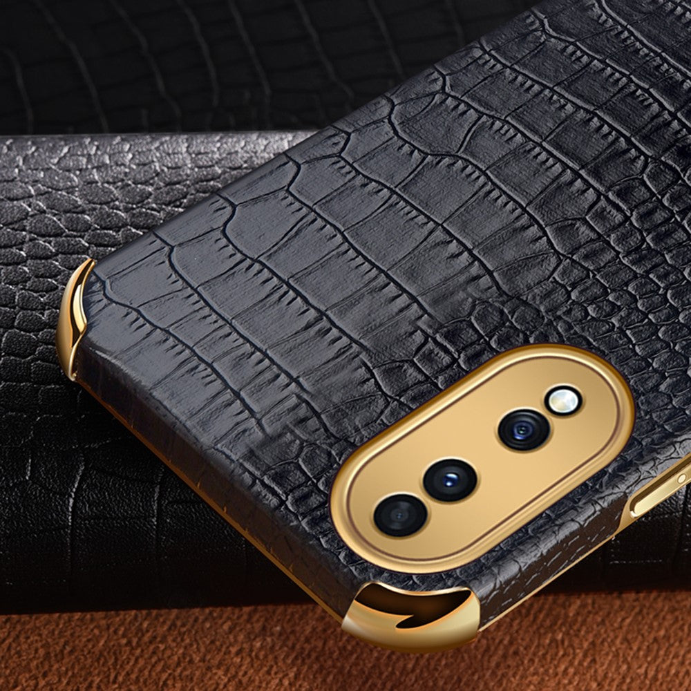 For Honor 70 5G Leather Coated TPU Anti-drop Case Crocodile Texture 6D Electroplated Cover with Ring Kickstand