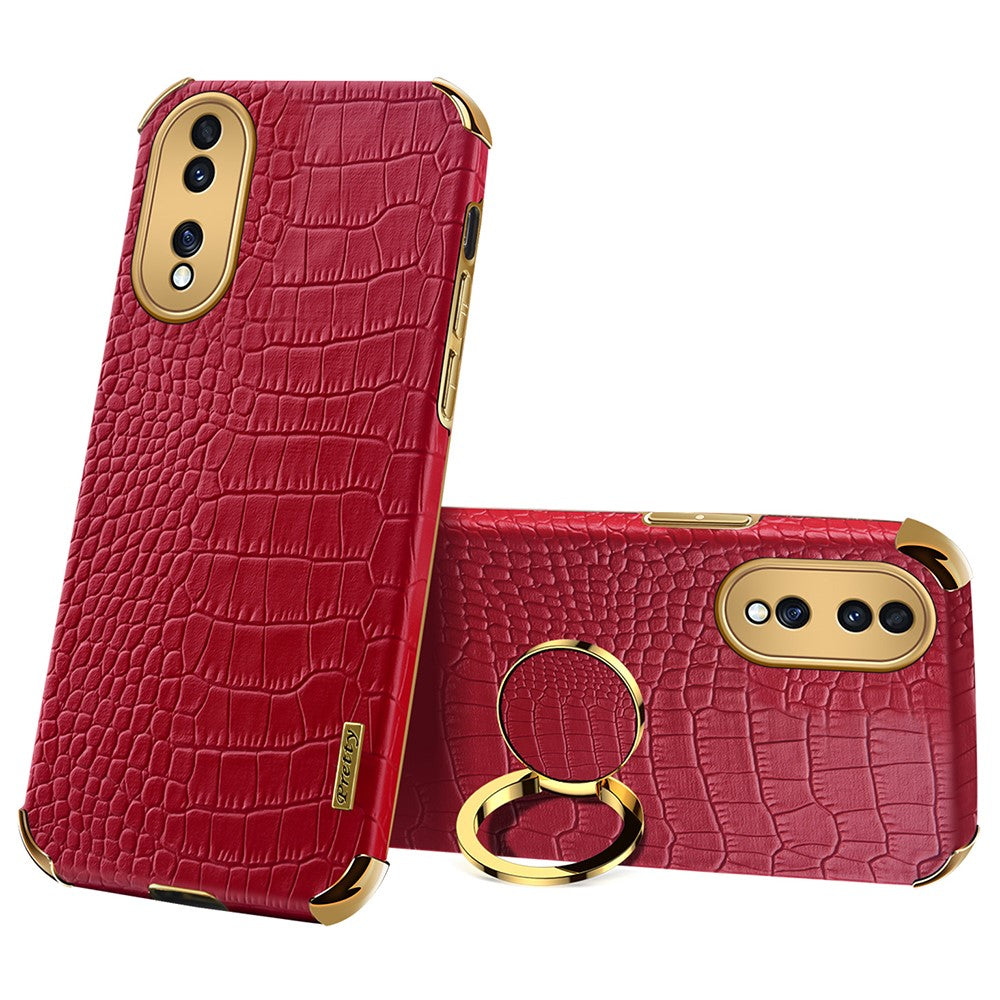 For Honor 70 5G Leather Coated TPU Anti-drop Case Crocodile Texture 6D Electroplated Cover with Ring Kickstand