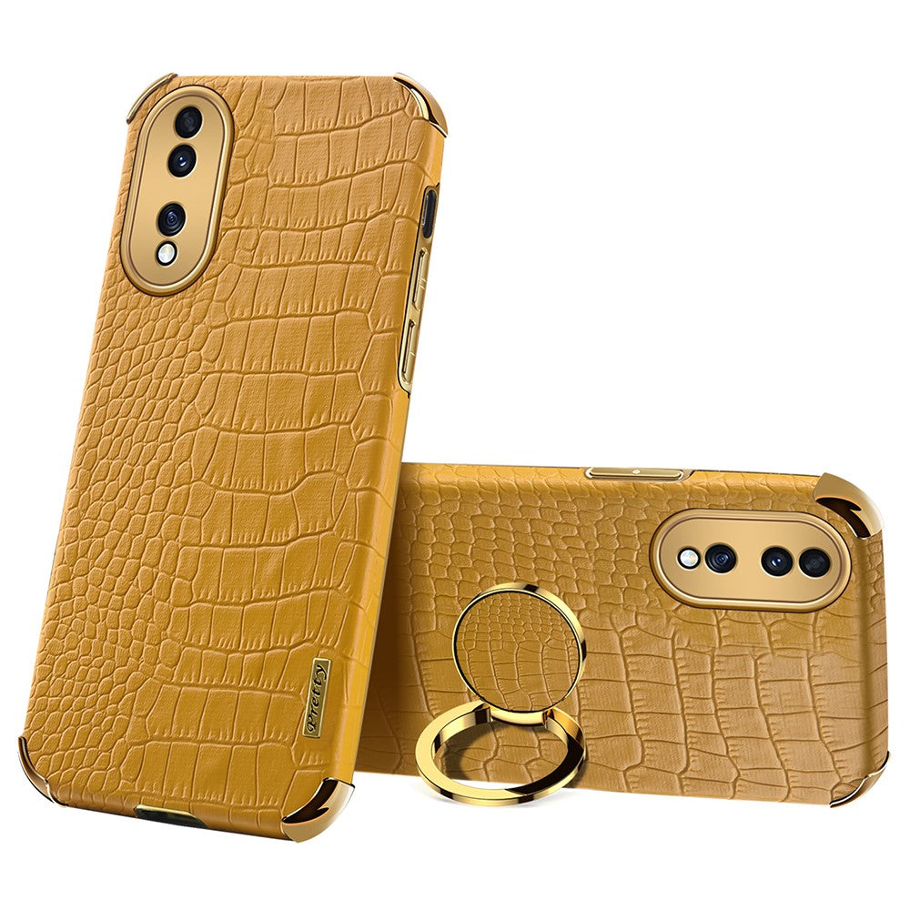 For Honor 70 5G Leather Coated TPU Anti-drop Case Crocodile Texture 6D Electroplated Cover with Ring Kickstand