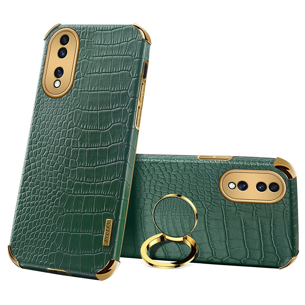 For Honor 70 5G Leather Coated TPU Anti-drop Case Crocodile Texture 6D Electroplated Cover with Ring Kickstand