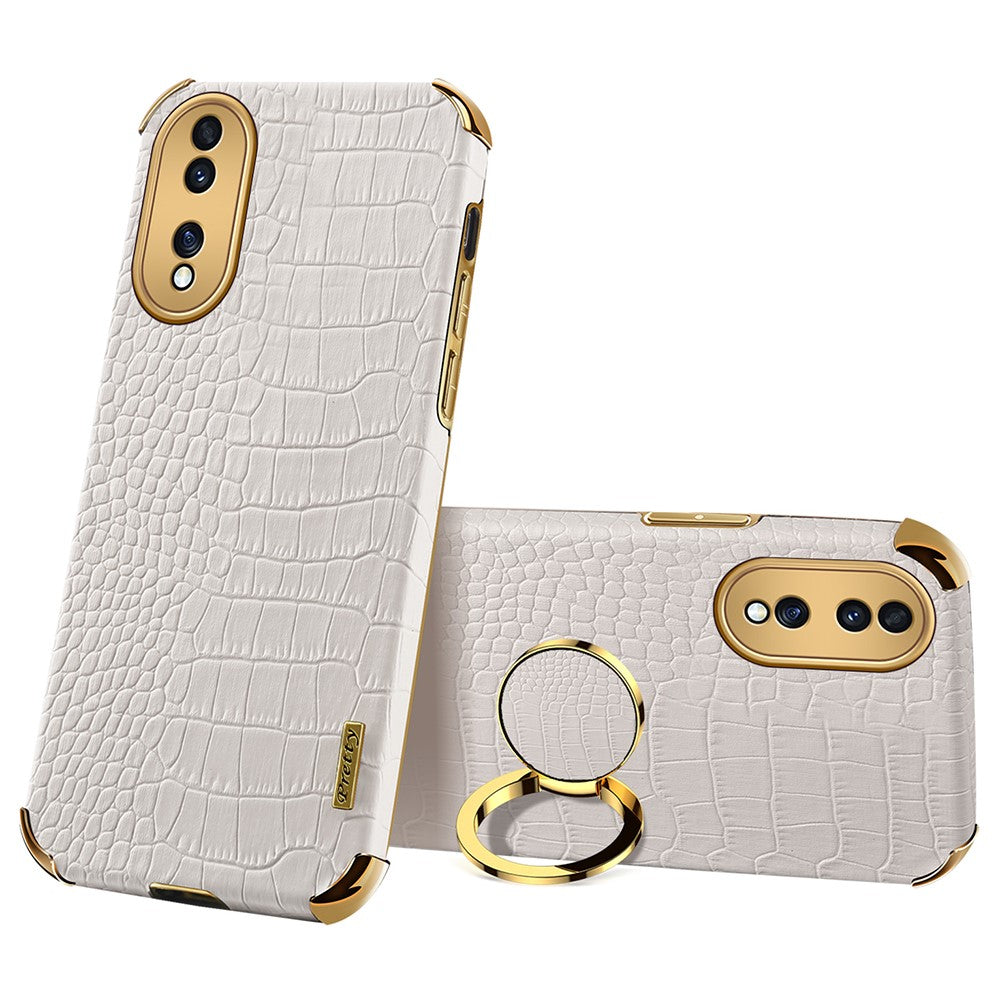 For Honor 70 5G Leather Coated TPU Anti-drop Case Crocodile Texture 6D Electroplated Cover with Ring Kickstand
