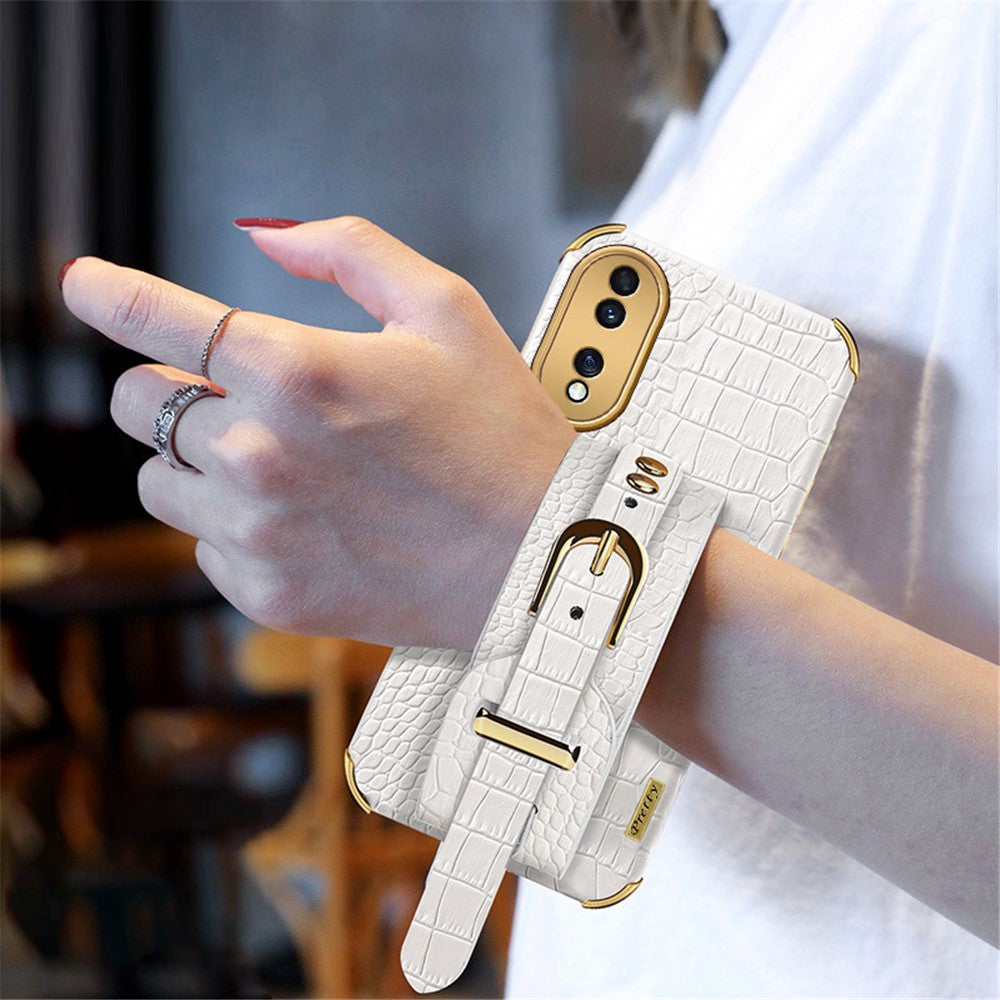 Shockproof Case for Honor 70 5G Phone Case Crocodile Texture Electroplating Phone Shell with Hand Strap Kickstand