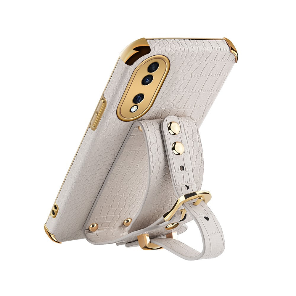 Shockproof Case for Honor 70 5G Phone Case Crocodile Texture Electroplating Phone Shell with Hand Strap Kickstand