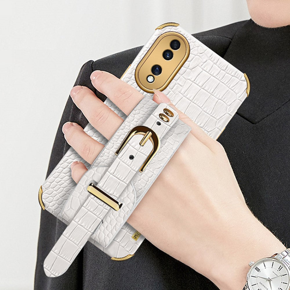 Shockproof Case for Honor 70 5G Phone Case Crocodile Texture Electroplating Phone Shell with Hand Strap Kickstand