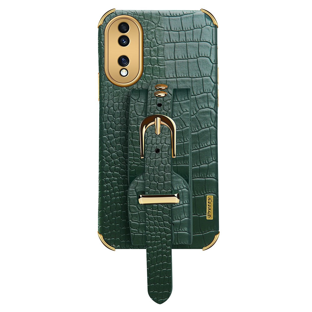 Shockproof Case for Honor 70 5G Phone Case Crocodile Texture Electroplating Phone Shell with Hand Strap Kickstand