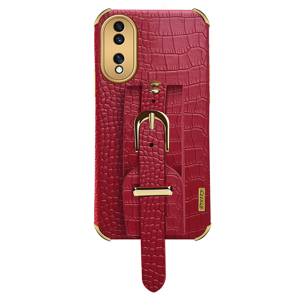 Shockproof Case for Honor 70 5G Phone Case Crocodile Texture Electroplating Phone Shell with Hand Strap Kickstand