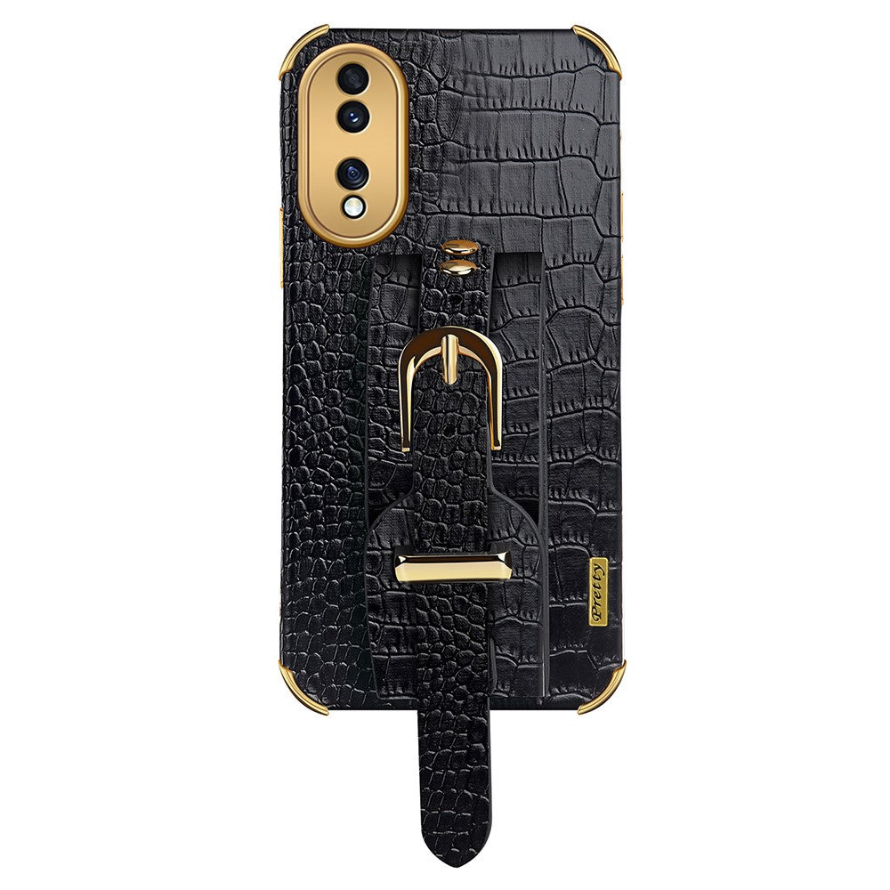 Shockproof Case for Honor 70 5G Phone Case Crocodile Texture Electroplating Phone Shell with Hand Strap Kickstand