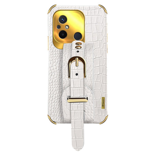 For Xiaomi Redmi 12C 4G Wristband Kickstand Phone Case Electroplating Crocodile Texture Leather Coated TPU Cover