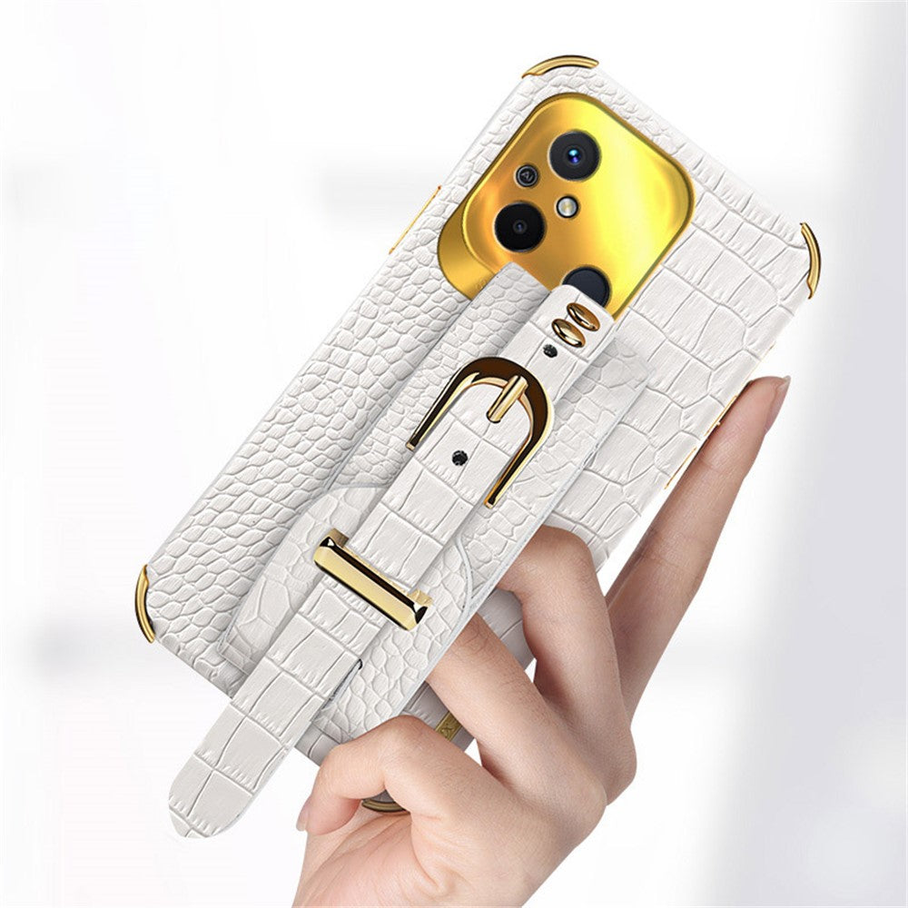 For Xiaomi Redmi 12C 4G Wristband Kickstand Phone Case Electroplating Crocodile Texture Leather Coated TPU Cover