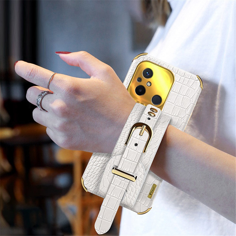 For Xiaomi Redmi 12C 4G Wristband Kickstand Phone Case Electroplating Crocodile Texture Leather Coated TPU Cover