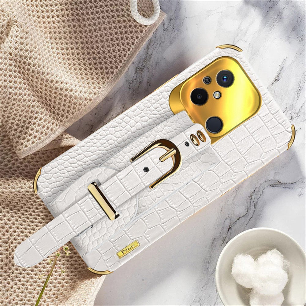 For Xiaomi Redmi 12C 4G Wristband Kickstand Phone Case Electroplating Crocodile Texture Leather Coated TPU Cover