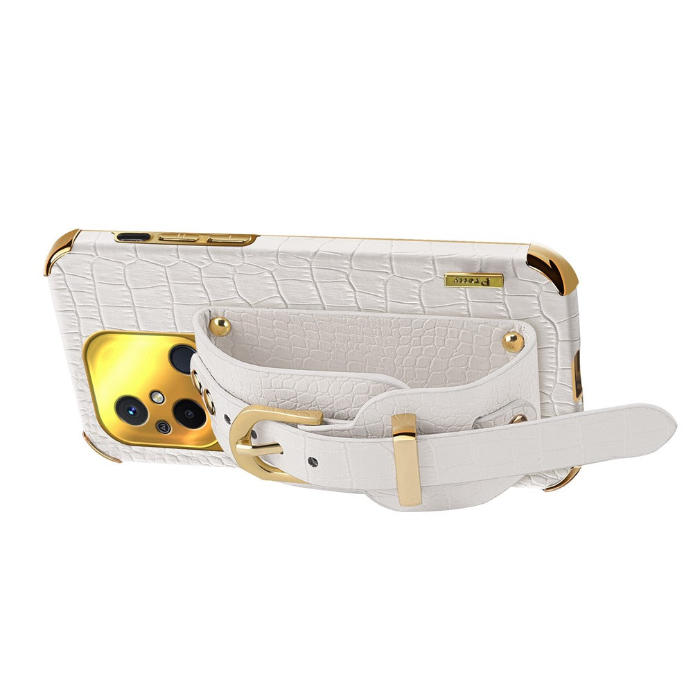 For Xiaomi Redmi 12C 4G Wristband Kickstand Phone Case Electroplating Crocodile Texture Leather Coated TPU Cover