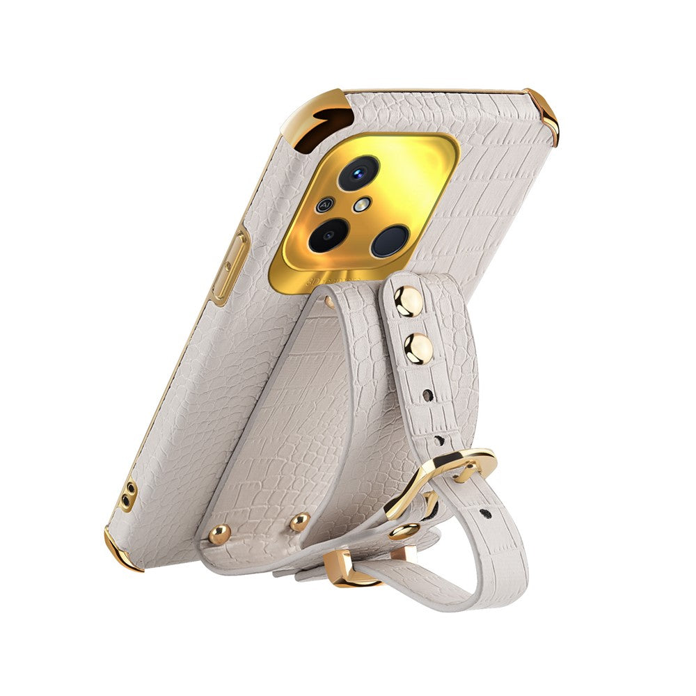 For Xiaomi Redmi 12C 4G Wristband Kickstand Phone Case Electroplating Crocodile Texture Leather Coated TPU Cover