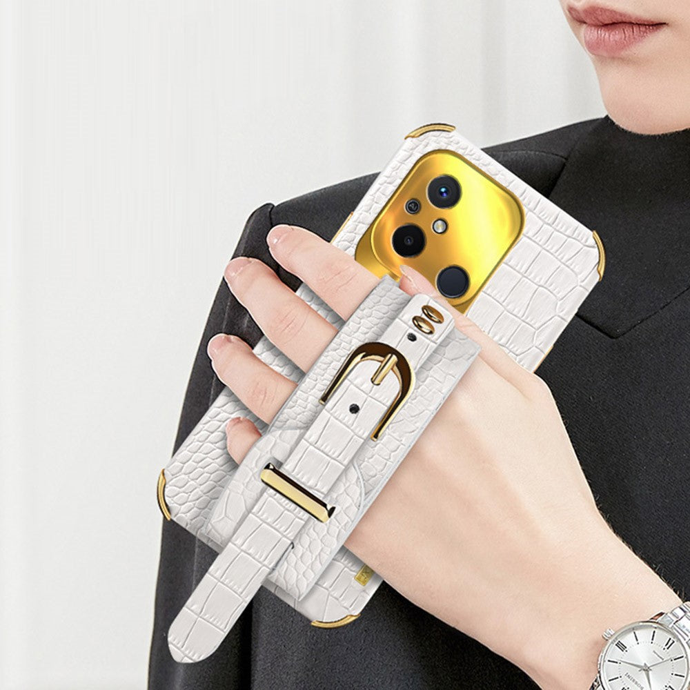 For Xiaomi Redmi 12C 4G Wristband Kickstand Phone Case Electroplating Crocodile Texture Leather Coated TPU Cover