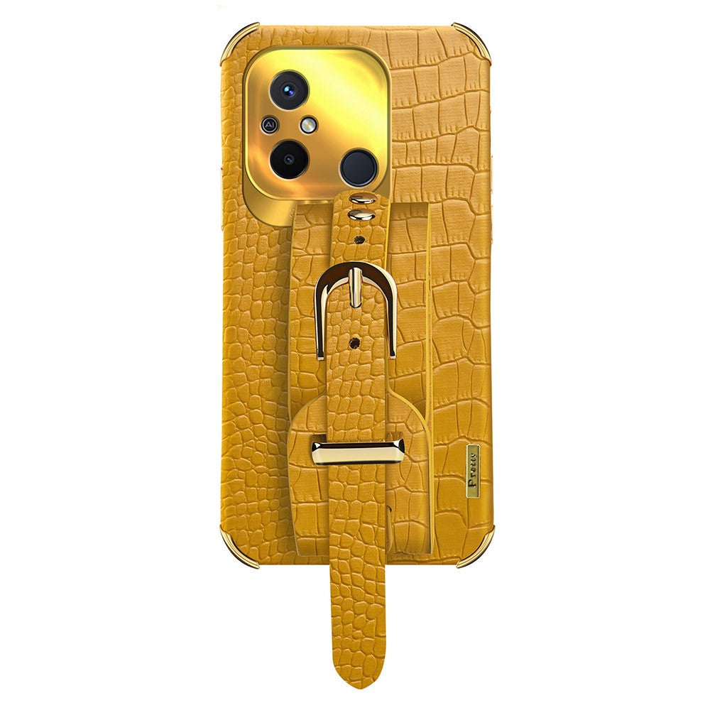 For Xiaomi Redmi 12C 4G Wristband Kickstand Phone Case Electroplating Crocodile Texture Leather Coated TPU Cover
