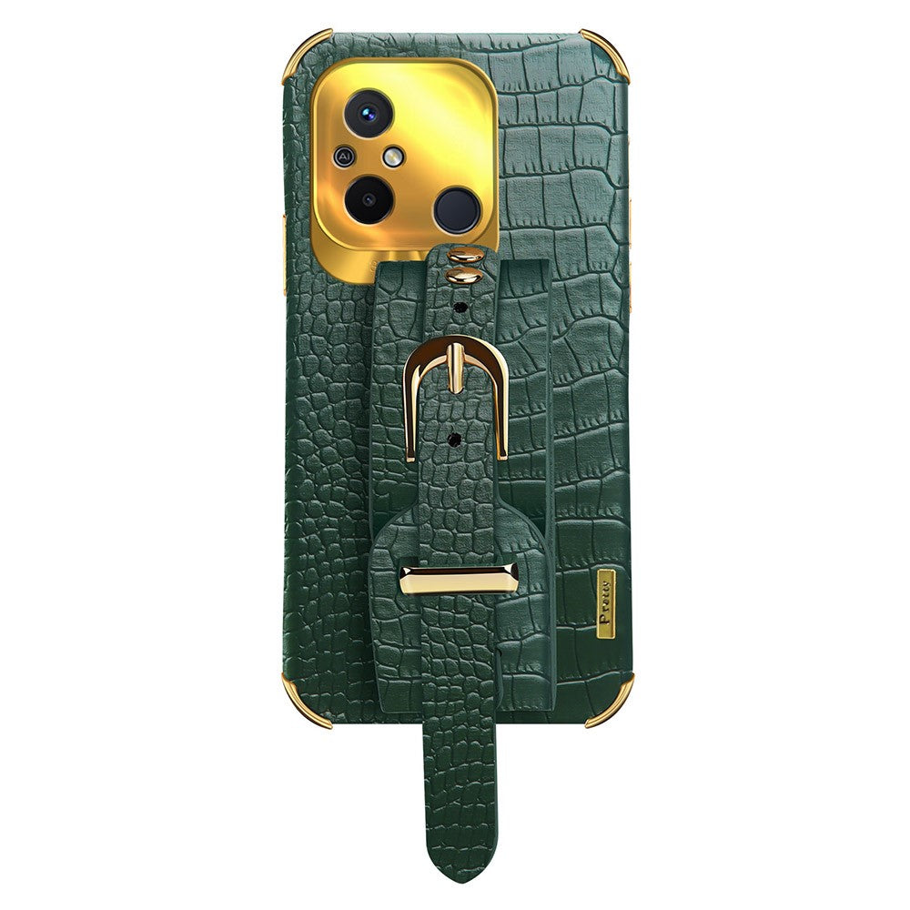 For Xiaomi Redmi 12C 4G Wristband Kickstand Phone Case Electroplating Crocodile Texture Leather Coated TPU Cover