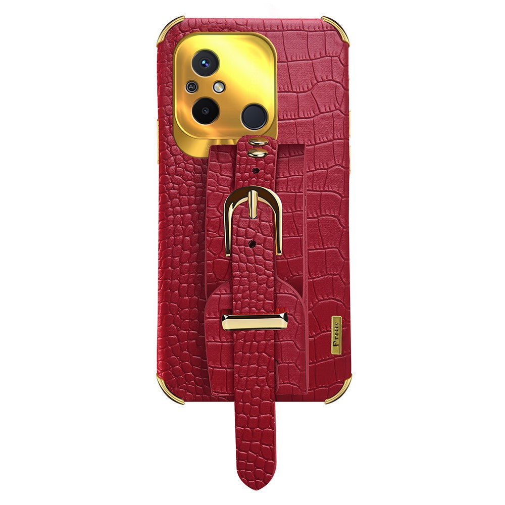 For Xiaomi Redmi 12C 4G Wristband Kickstand Phone Case Electroplating Crocodile Texture Leather Coated TPU Cover