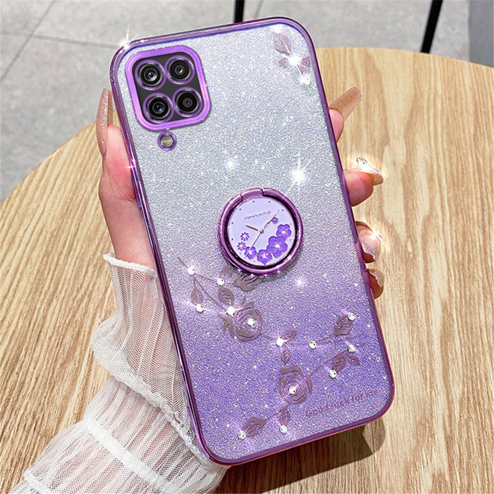 Galaxy A42 5G Glitzerhülle – Blumen-Design mit Strass & Ring-Ständer