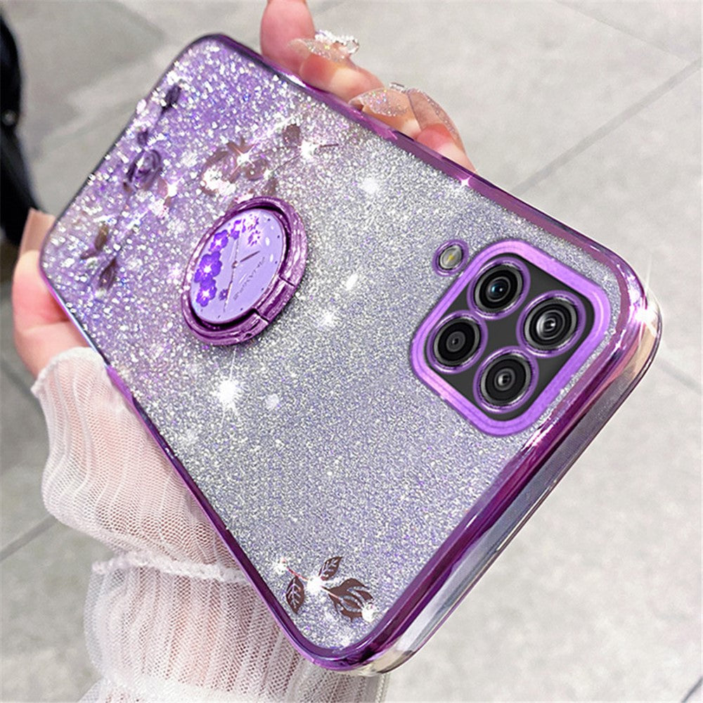 Galaxy A42 5G Glitzerhülle – Blumen-Design mit Strass & Ring-Ständer