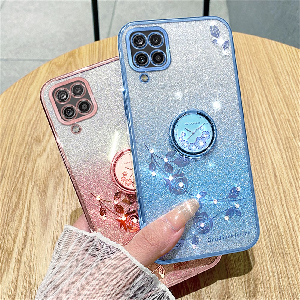 Galaxy A42 5G Glitzerhülle – Blumen-Design mit Strass & Ring-Ständer