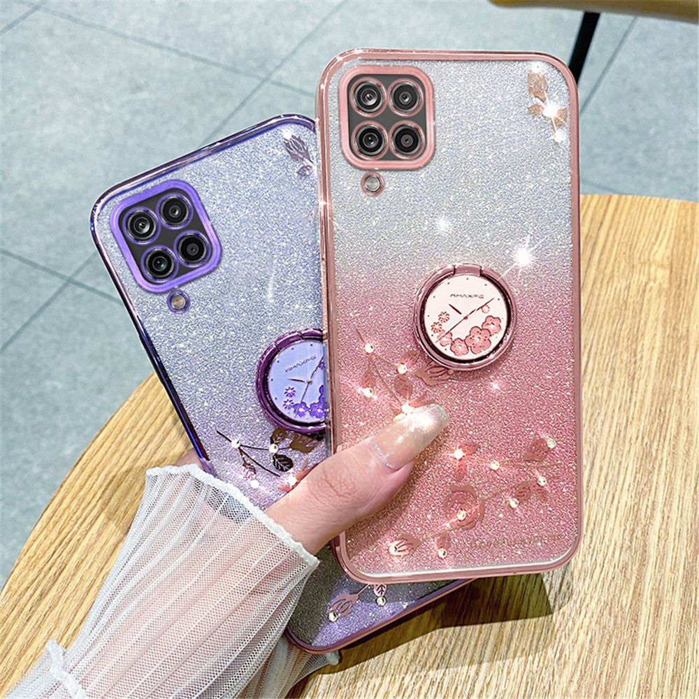 Galaxy A12 Glitzerhülle – Blumen-Design mit Farbverlauf & praktischem Ring-Ständer