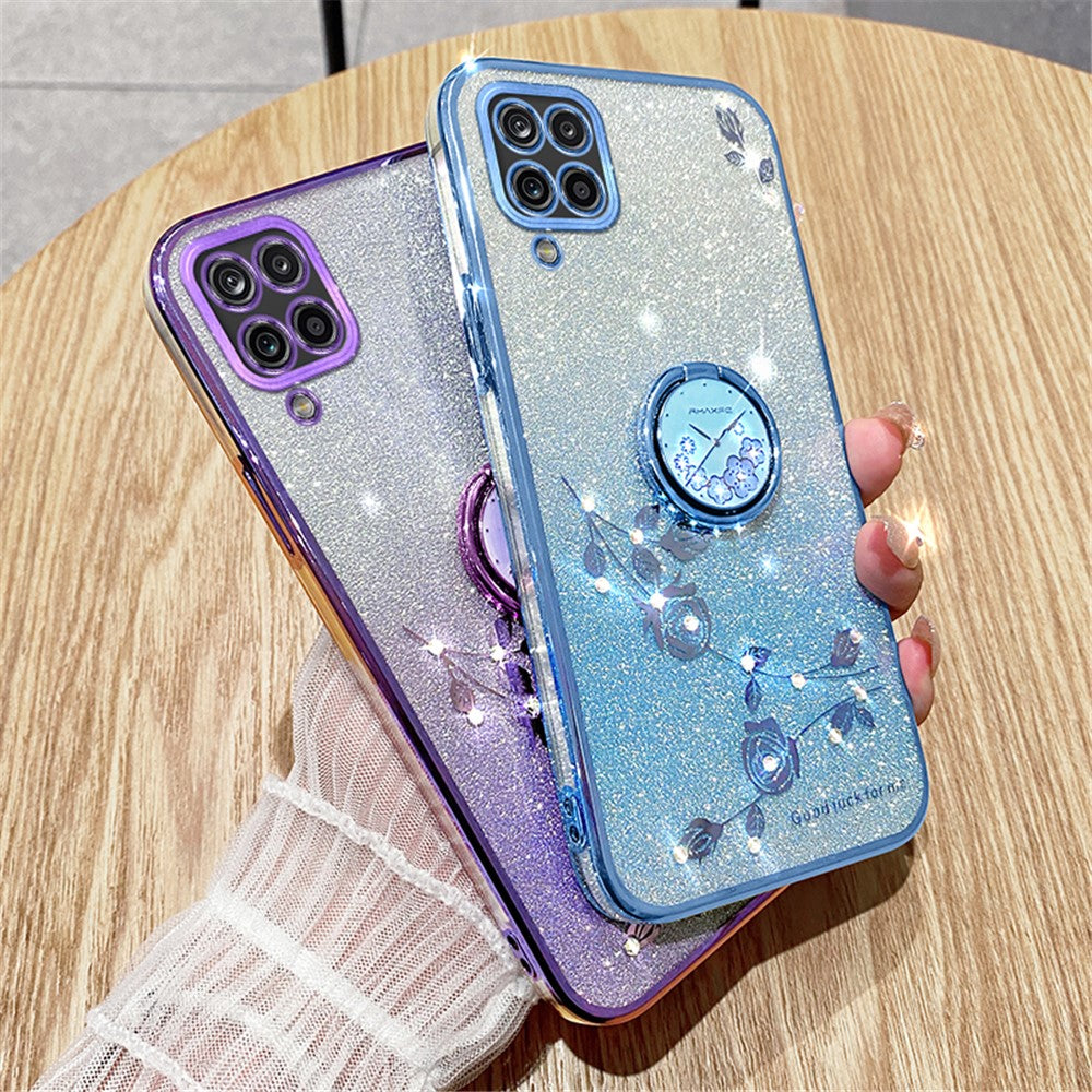 Galaxy A12 Glitzerhülle – Blumen-Design mit Farbverlauf & praktischem Ring-Ständer