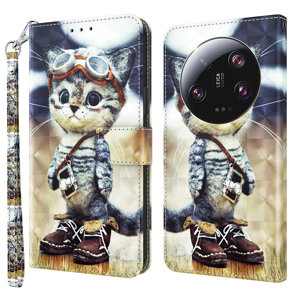 3D Pattern Printing Phone Case for Xiaomi 13 Ultra PU Leather Wallet Cover Phone Shell with Strap
