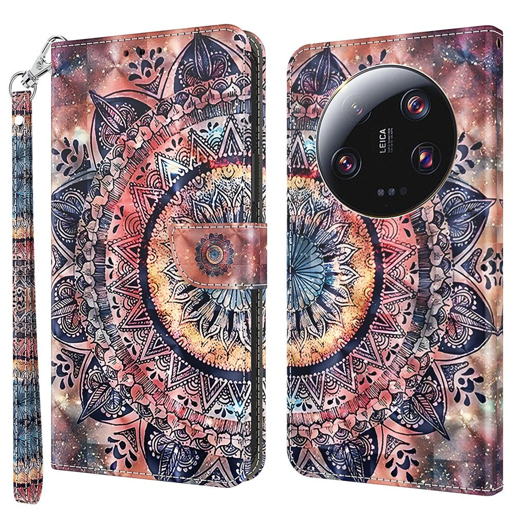 3D Pattern Printing Phone Case for Xiaomi 13 Ultra PU Leather Wallet Cover Phone Shell with Strap