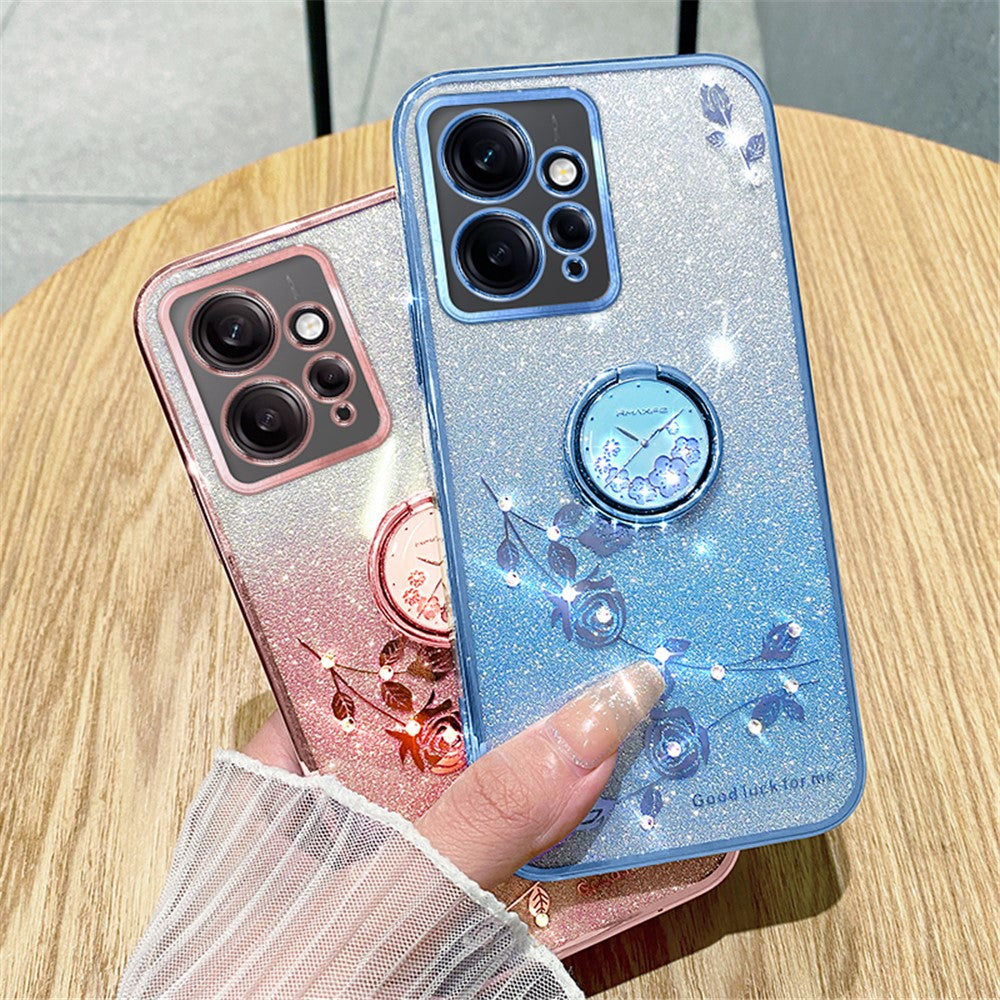 KADEM For Xiaomi Redmi Note 12 4G Kickstand Case Glitter Gradient Rhinestone Flower Phone Cover TPU Electroplating Case