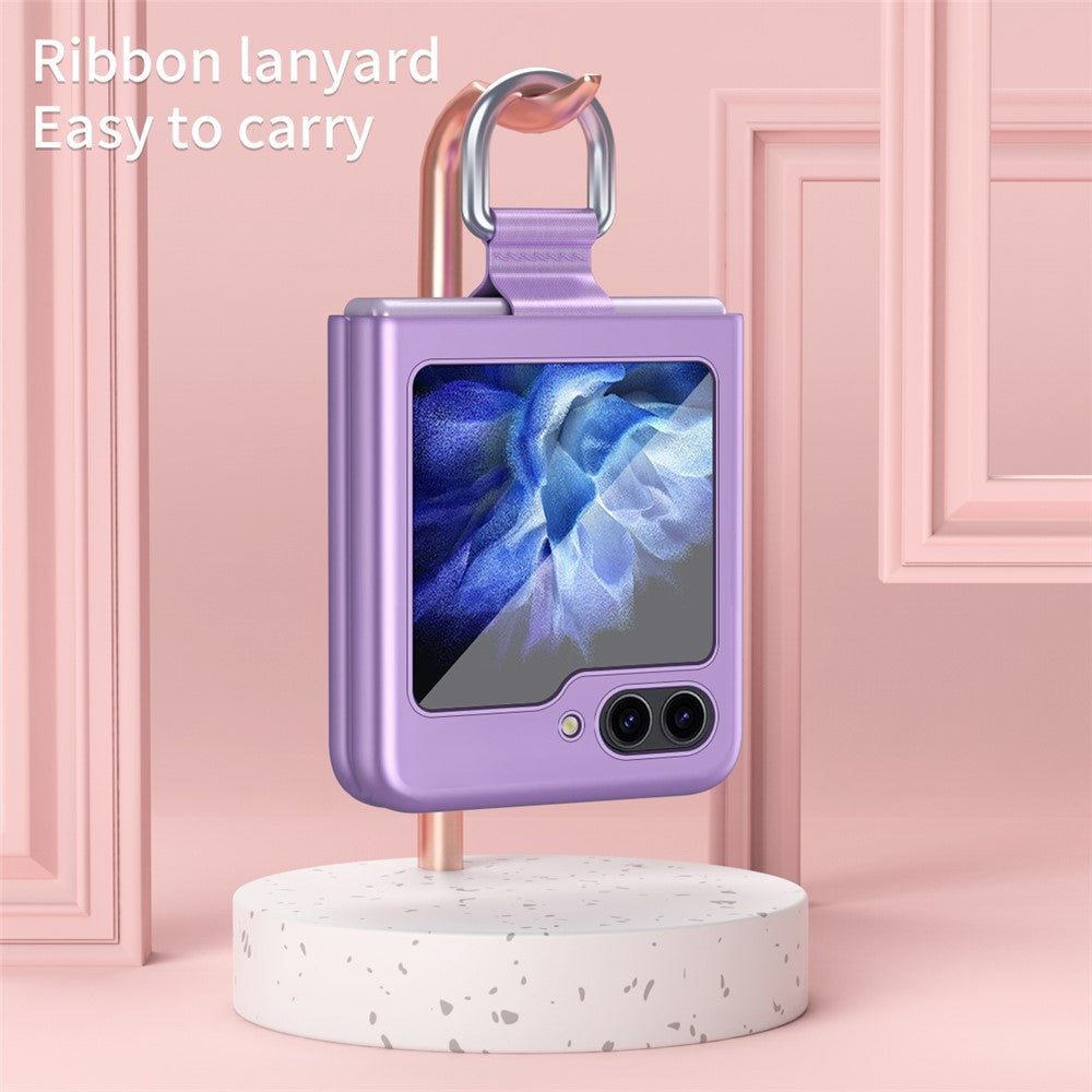 For Samsung Galaxy Z Flip5 5G Hard PC Phone Case Ribbon Metal Ring Holder Anti-Scratch Phone Cover