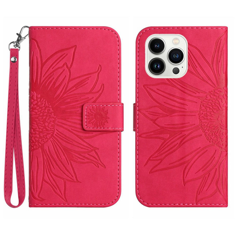 iPhone 15 Pro Wallet-Hülle – Sonnenblume aufgedruckt, mit Ständer & Riemen